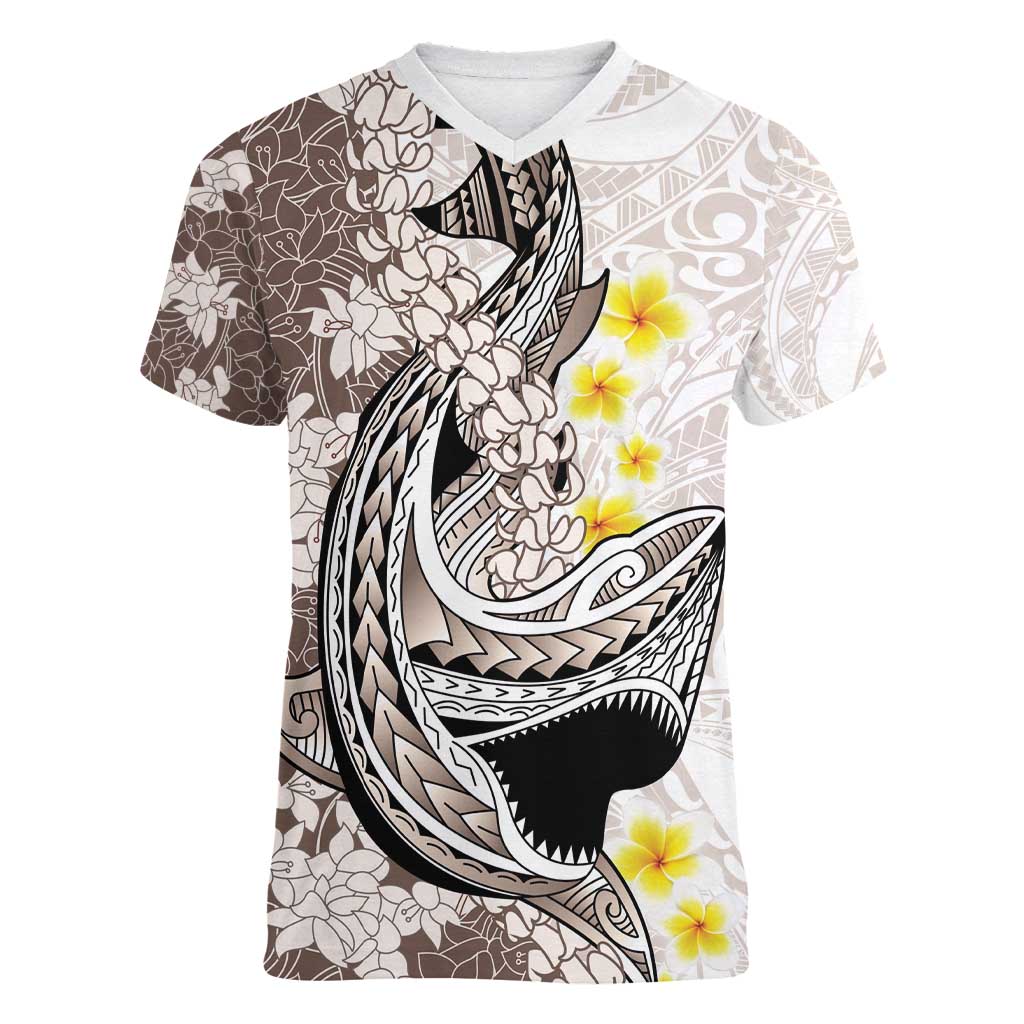 Brown and White Hawaii Shark Tattoo Women V-Neck T-Shirt Puakenikeni Lei Plumeria Polynesian Pattern LT14 Female White - Polynesian Pride