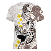 Brown and White Hawaii Shark Tattoo Women V-Neck T-Shirt Puakenikeni Lei Plumeria Polynesian Pattern LT14 - Polynesian Pride