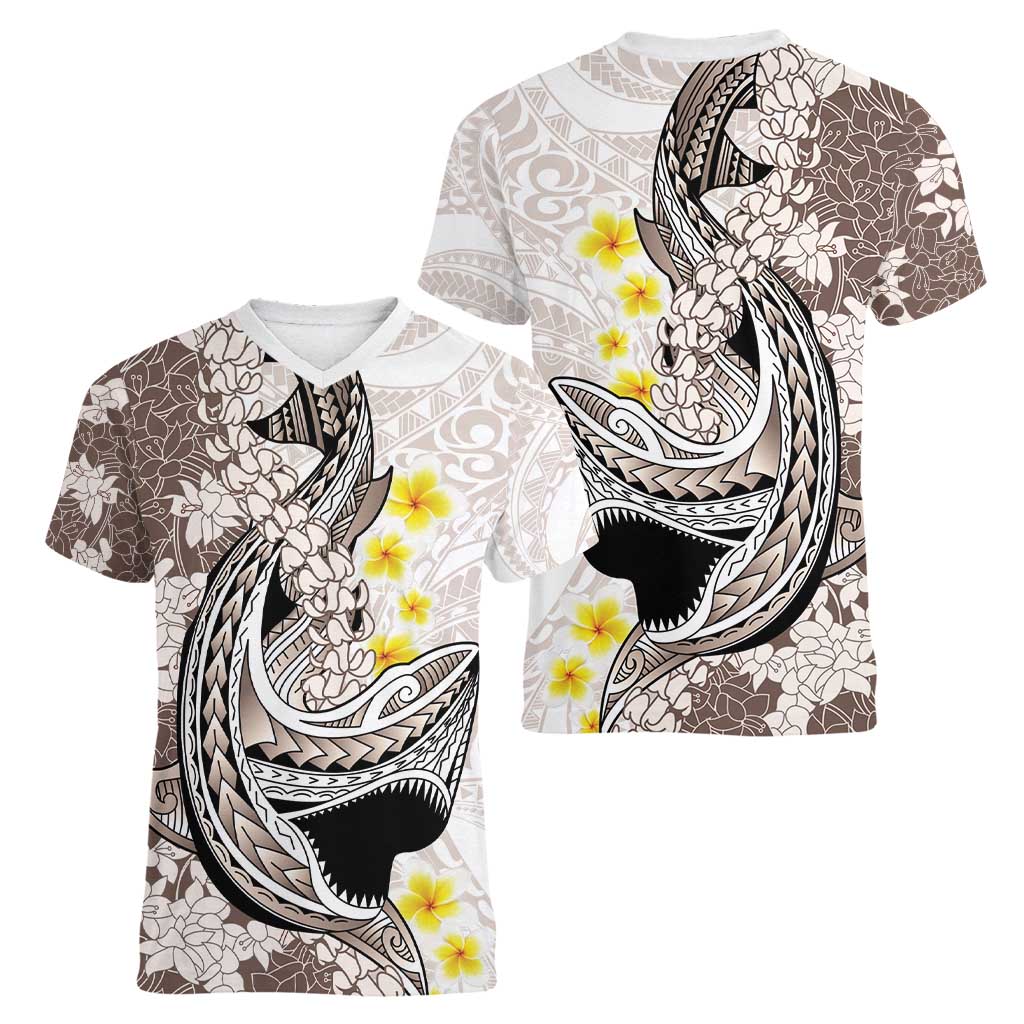 Brown and White Hawaii Shark Tattoo Women V-Neck T-Shirt Puakenikeni Lei Plumeria Polynesian Pattern LT14 - Polynesian Pride