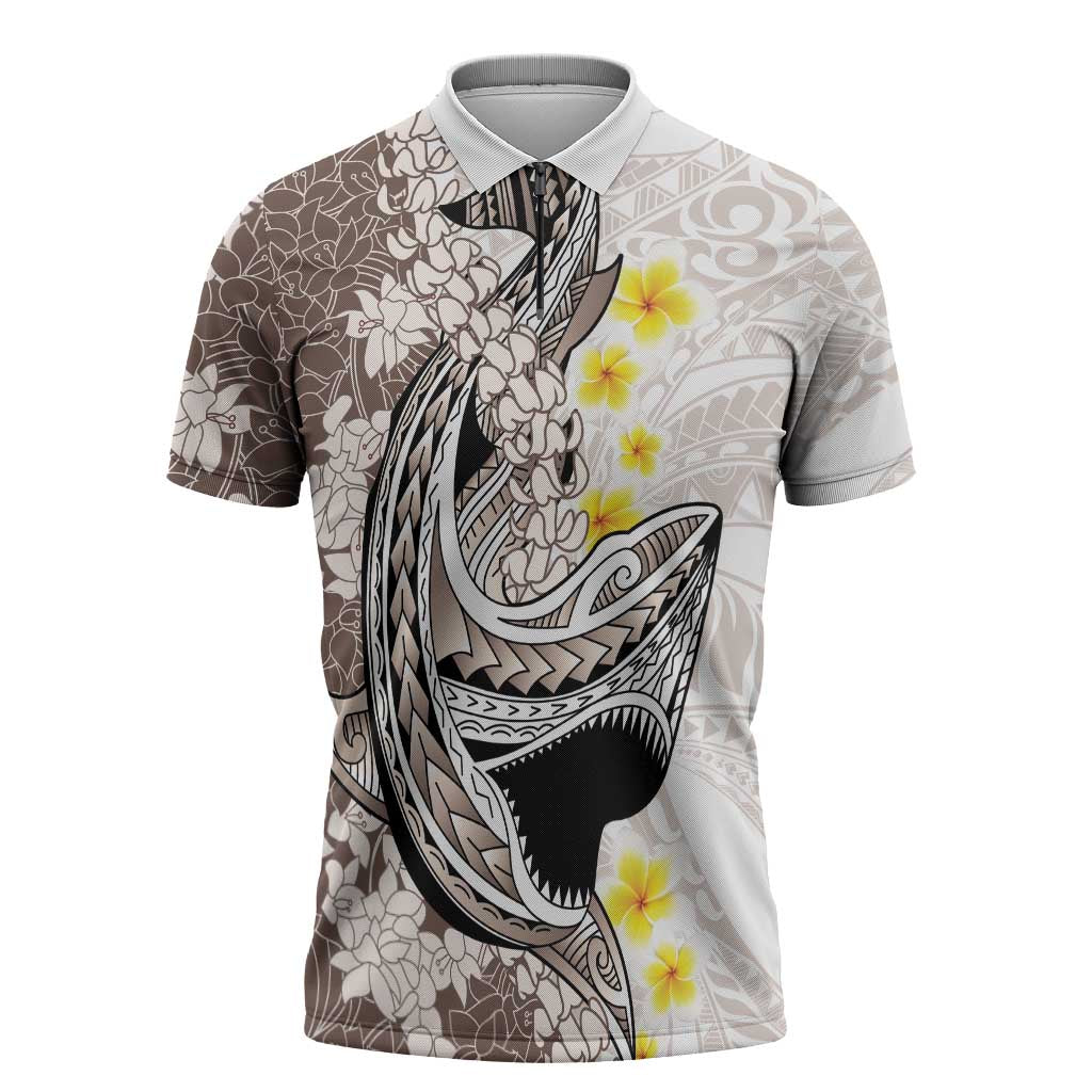 Brown and White Hawaii Shark Tattoo Zipper Polo Shirt Puakenikeni Lei Plumeria Polynesian Pattern LT14 White - Polynesian Pride