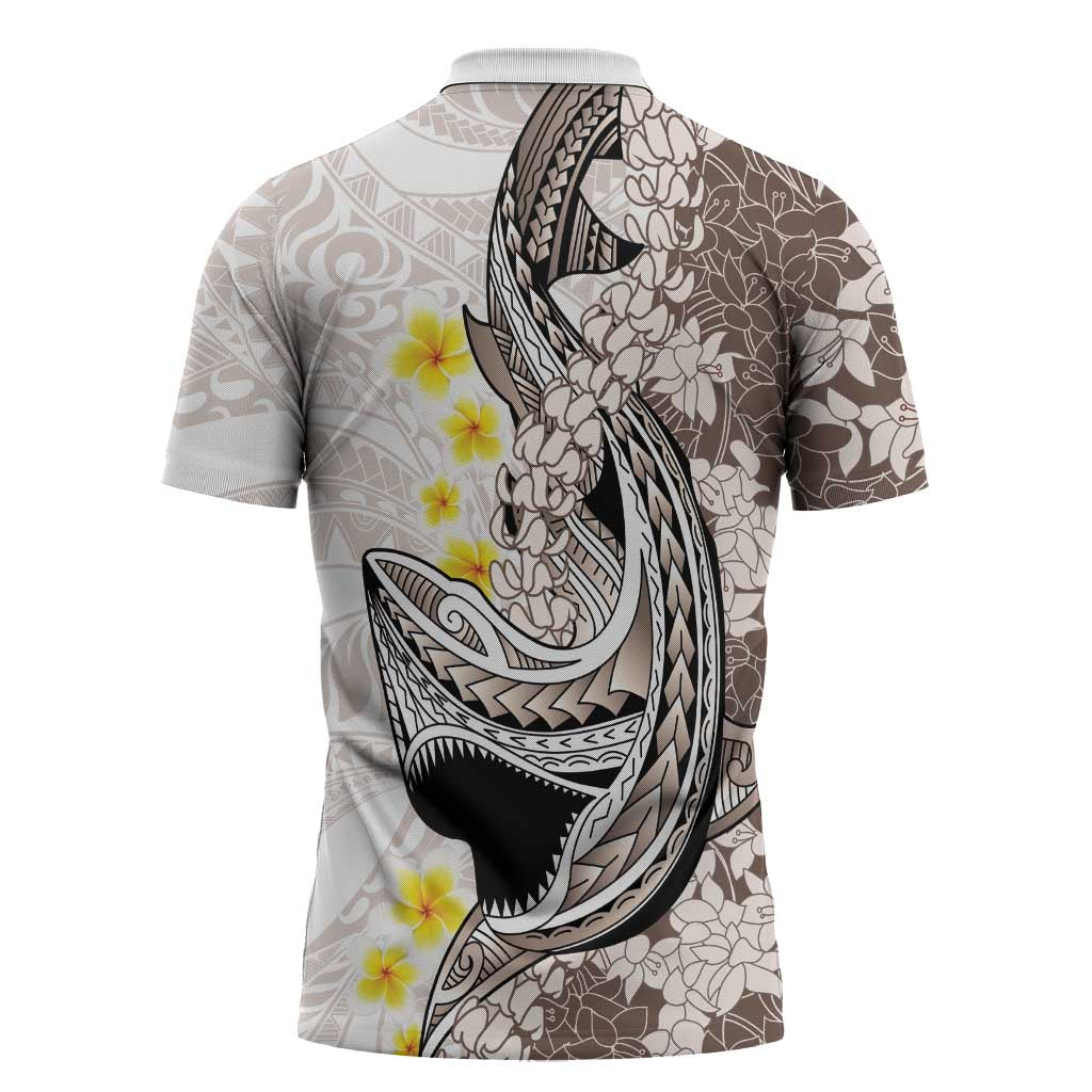 Brown and White Hawaii Shark Tattoo Zipper Polo Shirt Puakenikeni Lei Plumeria Polynesian Pattern LT14 - Polynesian Pride