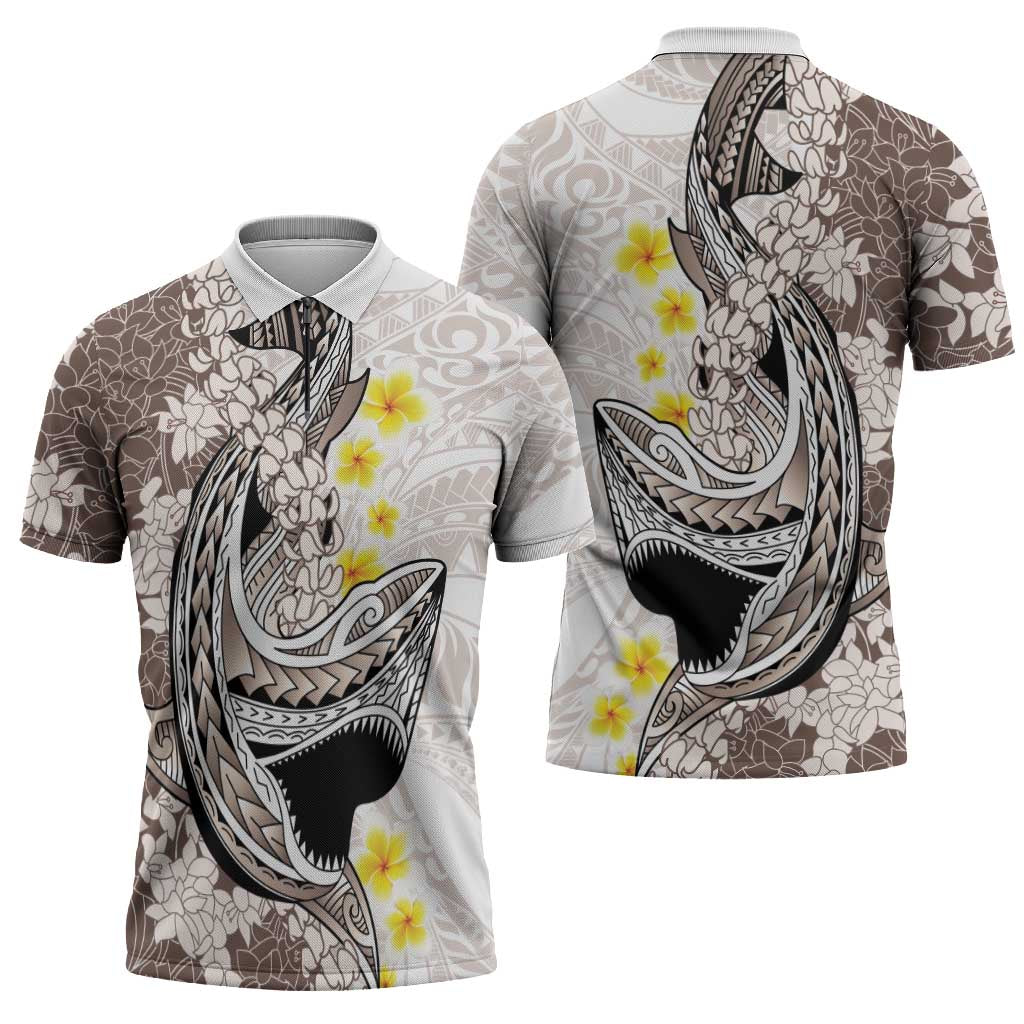 Brown and White Hawaii Shark Tattoo Zipper Polo Shirt Puakenikeni Lei Plumeria Polynesian Pattern LT14 - Polynesian Pride