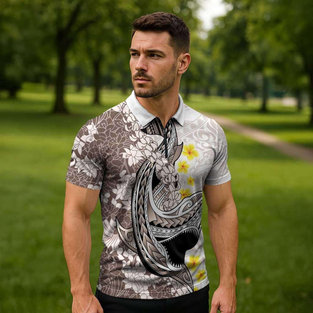 Brown and White Hawaii Shark Tattoo Zipper Polo Shirt Puakenikeni Lei Plumeria Polynesian Pattern LT14 - Polynesian Pride