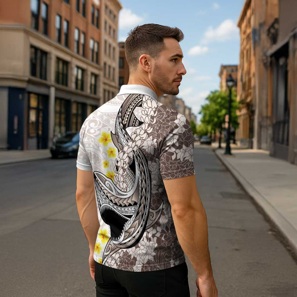 Brown and White Hawaii Shark Tattoo Zipper Polo Shirt Puakenikeni Lei Plumeria Polynesian Pattern LT14 - Polynesian Pride