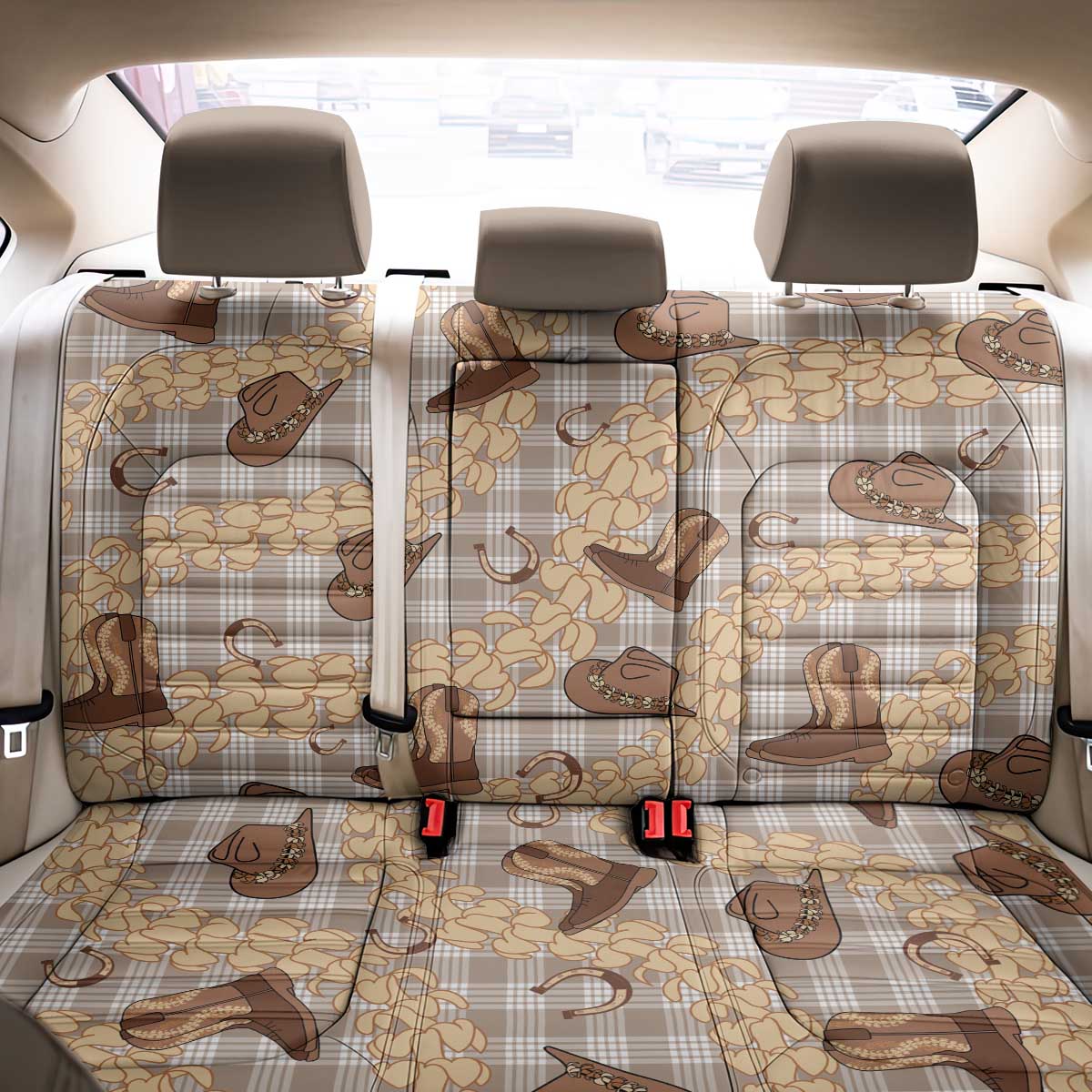 Khaki Palaka Hawaii Cowboy Back Car Seat Cover Puakenikeni Lei Paniolo Papale Seamless Vibes LT14 - Polynesian Pride