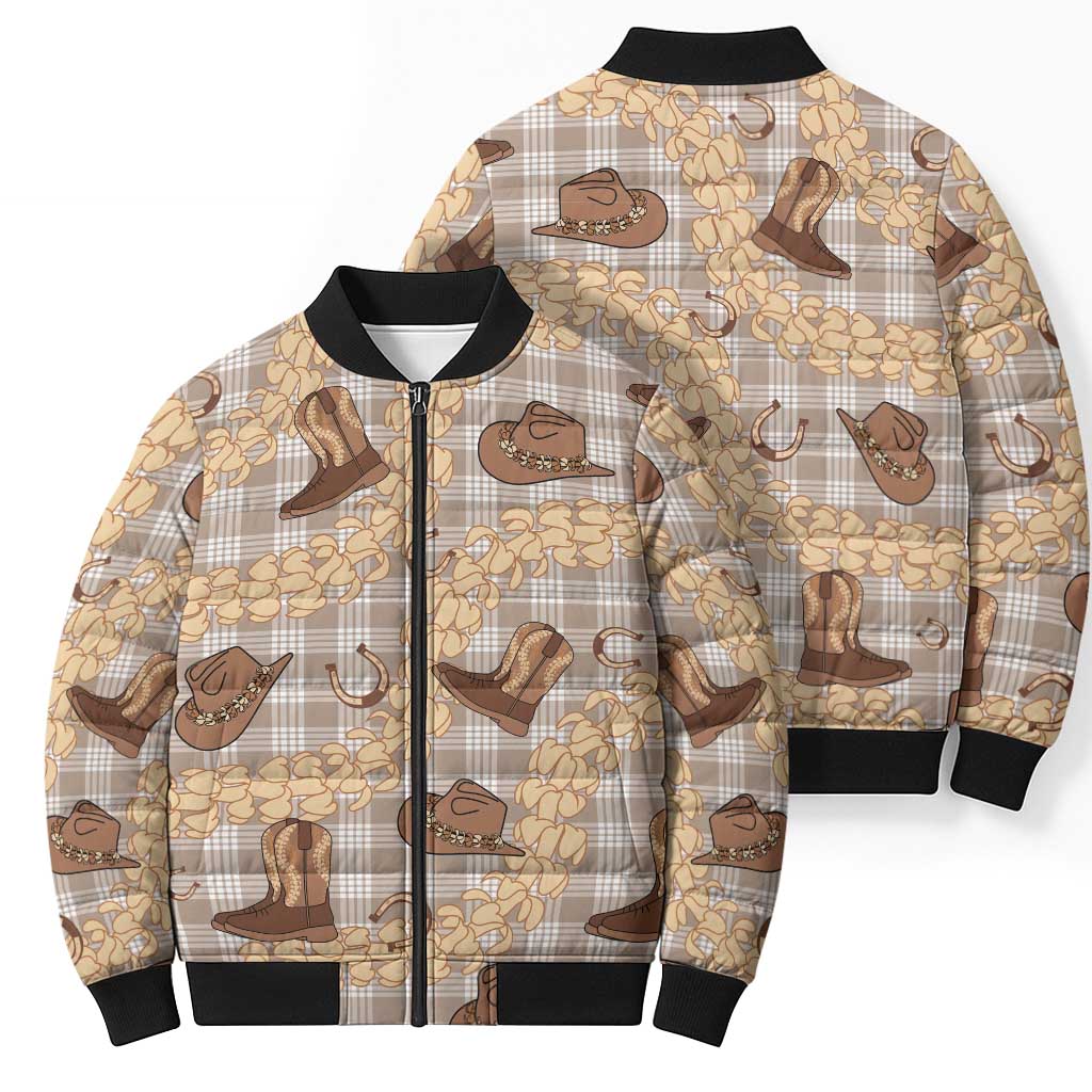 Khaki Palaka Hawaii Cowboy Bomber Puffer Jacket Puakenikeni Lei Paniolo Papale Seamless Vibes - Polynesian Pride