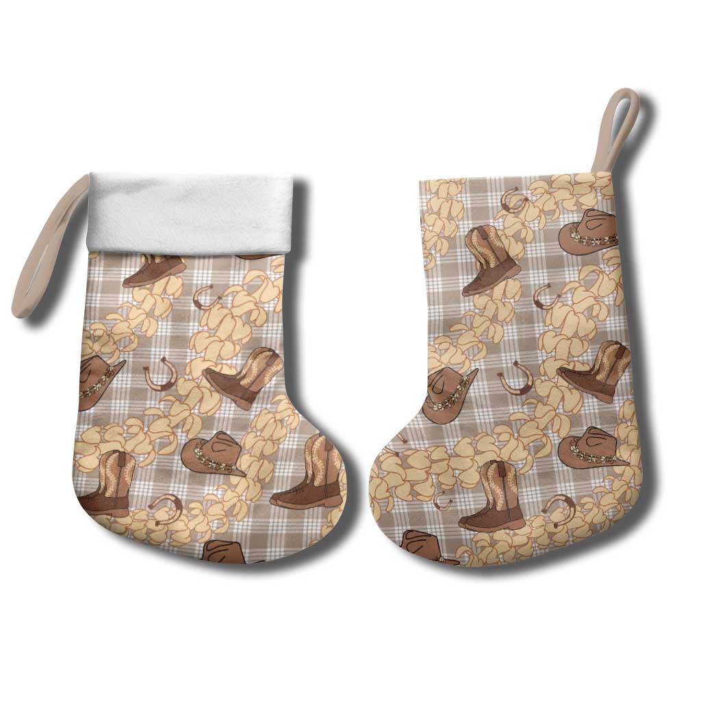 Khaki Palaka Hawaii Cowboy Christmas Stocking Puakenikeni Lei Paniolo Papale Seamless Vibes LT14 - Polynesian Pride