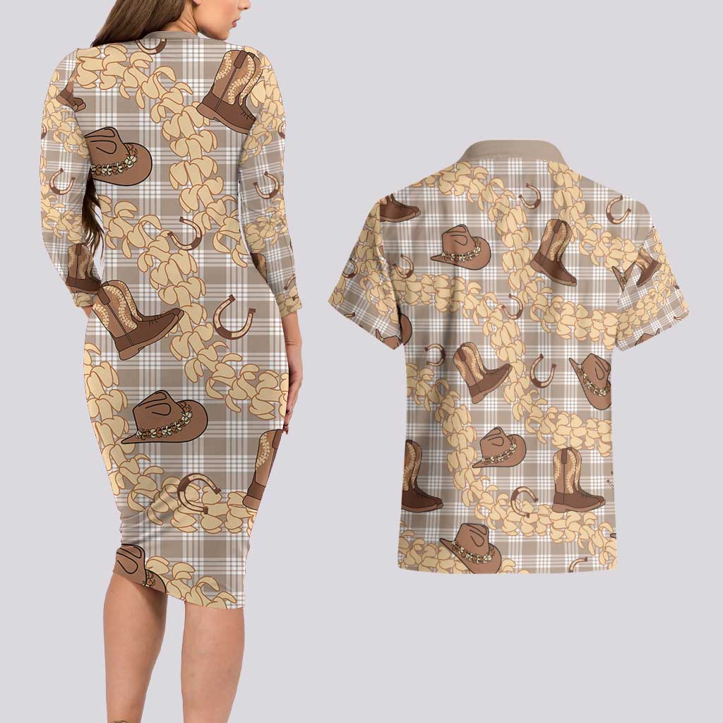 Khaki Palaka Hawaii Cowboy Couples Matching Long Sleeve Bodycon Dress and Hawaiian Shirt Puakenikeni Lei Paniolo Papale Seamless Vibes LT14 - Polynesian Pride