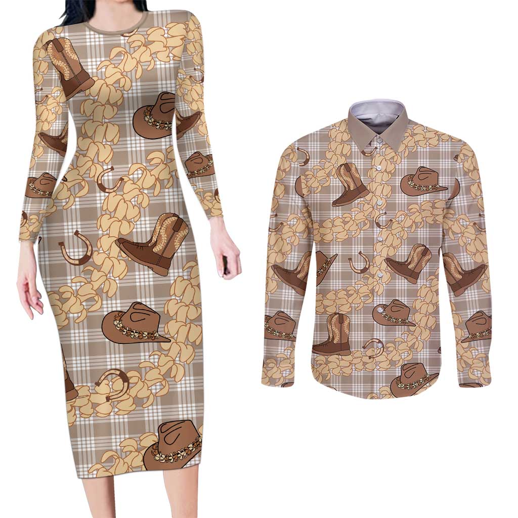 Khaki Palaka Hawaii Cowboy Couples Matching Long Sleeve Bodycon Dress and Long Sleeve Button Shirt Puakenikeni Lei Paniolo Papale Seamless Vibes LT14 Khaki - Polynesian Pride