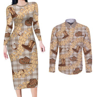 Khaki Palaka Hawaii Cowboy Couples Matching Long Sleeve Bodycon Dress and Long Sleeve Button Shirt Puakenikeni Lei Paniolo Papale Seamless Vibes LT14 Khaki - Polynesian Pride