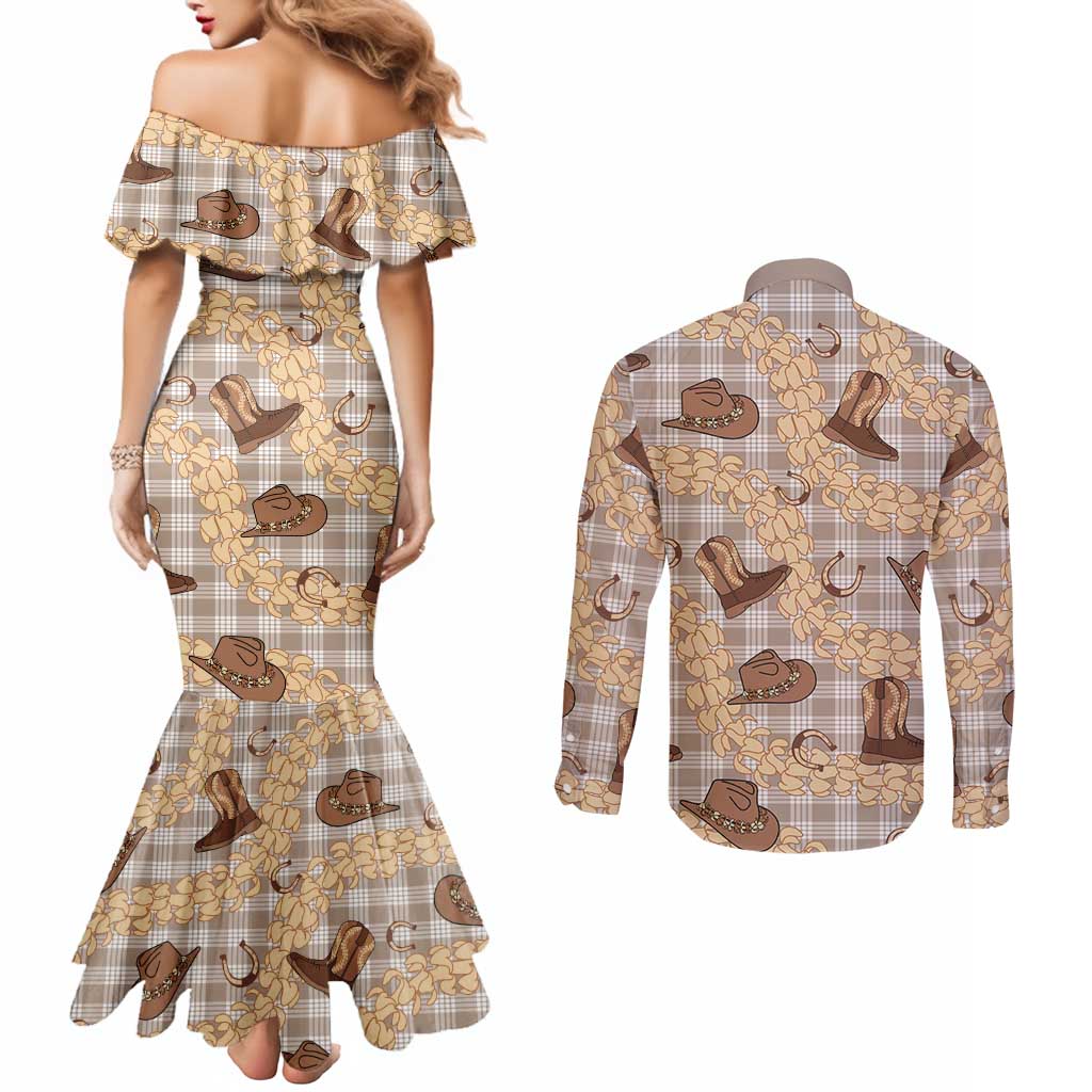 Khaki Palaka Hawaii Cowboy Couples Matching Mermaid Dress and Long Sleeve Button Shirt Puakenikeni Lei Paniolo Papale Seamless Vibes LT14 - Polynesian Pride