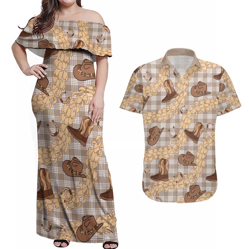 Khaki Palaka Hawaii Cowboy Couples Matching Off Shoulder Maxi Dress and Hawaiian Shirt Puakenikeni Lei Paniolo Papale Seamless Vibes LT14 Khaki - Polynesian Pride