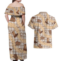 Khaki Palaka Hawaii Cowboy Couples Matching Off Shoulder Maxi Dress and Hawaiian Shirt Puakenikeni Lei Paniolo Papale Seamless Vibes LT14 - Polynesian Pride