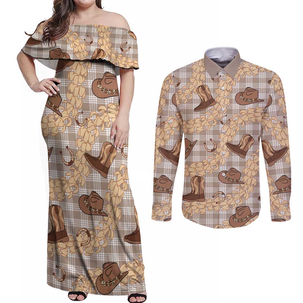 Khaki Palaka Hawaii Cowboy Couples Matching Off Shoulder Maxi Dress and Long Sleeve Button Shirt Puakenikeni Lei Paniolo Papale Seamless Vibes LT14 Khaki - Polynesian Pride
