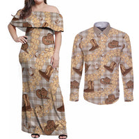 Khaki Palaka Hawaii Cowboy Couples Matching Off Shoulder Maxi Dress and Long Sleeve Button Shirt Puakenikeni Lei Paniolo Papale Seamless Vibes LT14 Khaki - Polynesian Pride