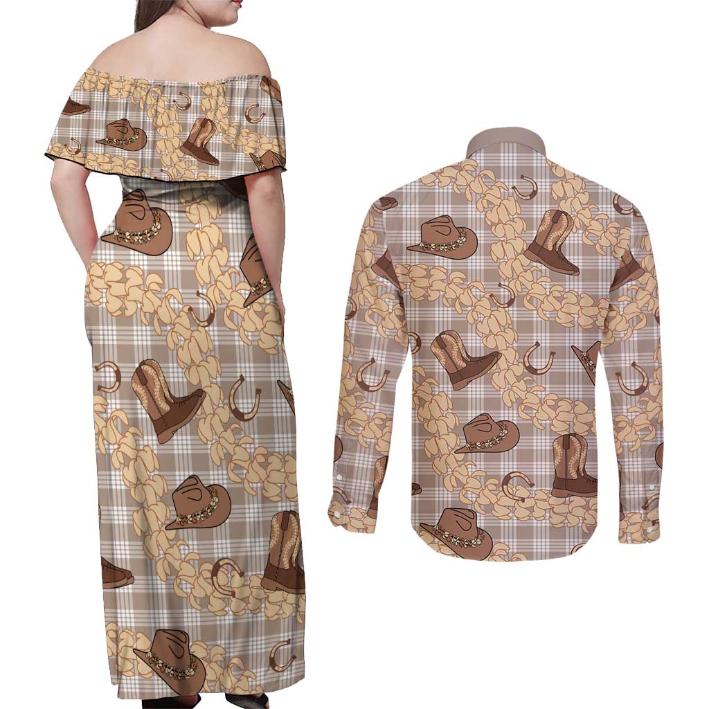 Khaki Palaka Hawaii Cowboy Couples Matching Off Shoulder Maxi Dress and Long Sleeve Button Shirt Puakenikeni Lei Paniolo Papale Seamless Vibes LT14 - Polynesian Pride