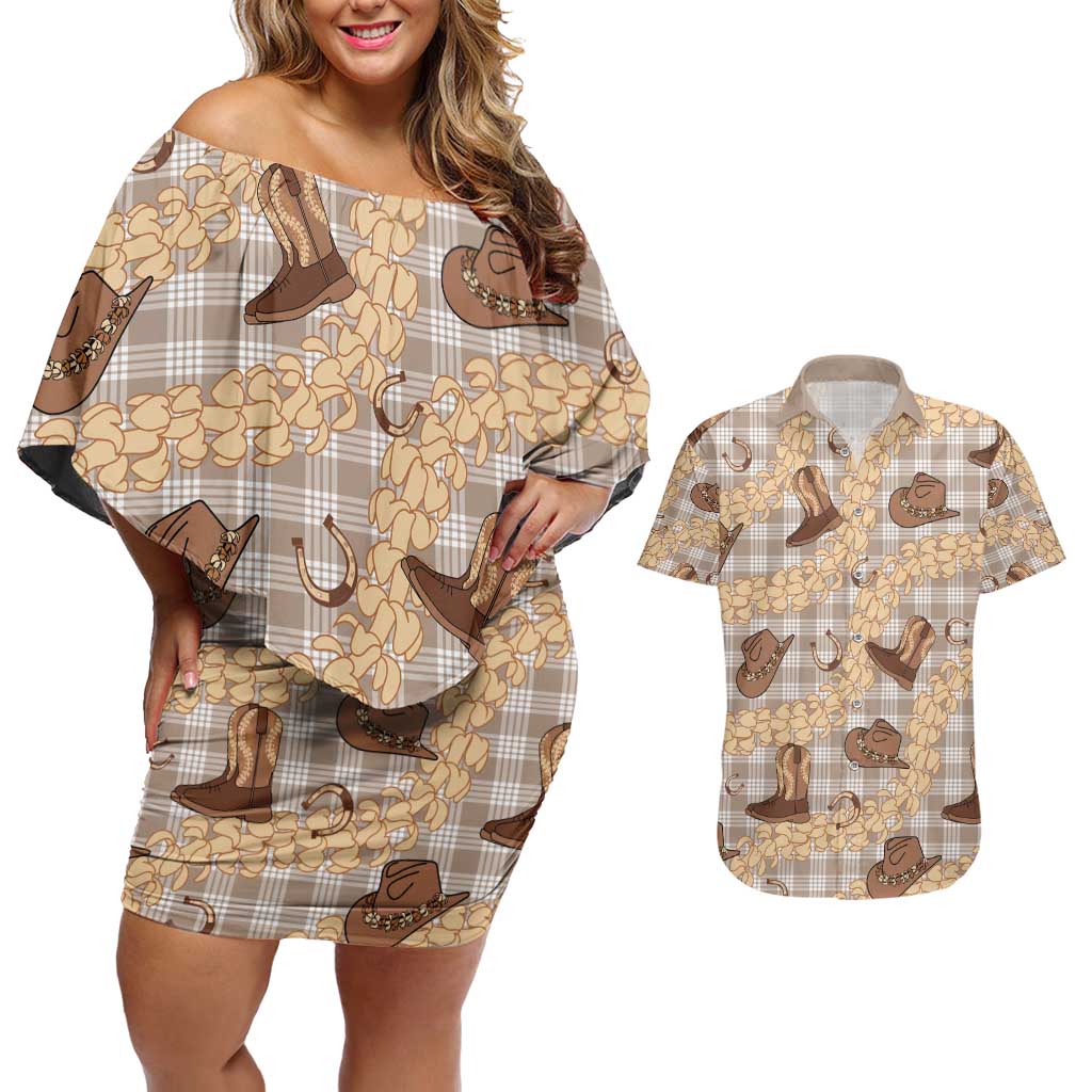 Khaki Palaka Hawaii Cowboy Couples Matching Off Shoulder Short Dress and Hawaiian Shirt Puakenikeni Lei Paniolo Papale Seamless Vibes LT14 Khaki - Polynesian Pride