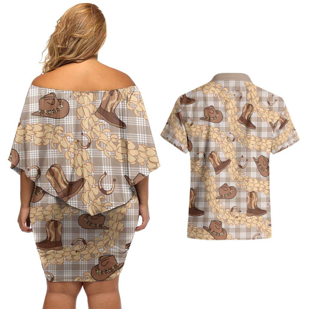 Khaki Palaka Hawaii Cowboy Couples Matching Off Shoulder Short Dress and Hawaiian Shirt Puakenikeni Lei Paniolo Papale Seamless Vibes LT14 - Polynesian Pride