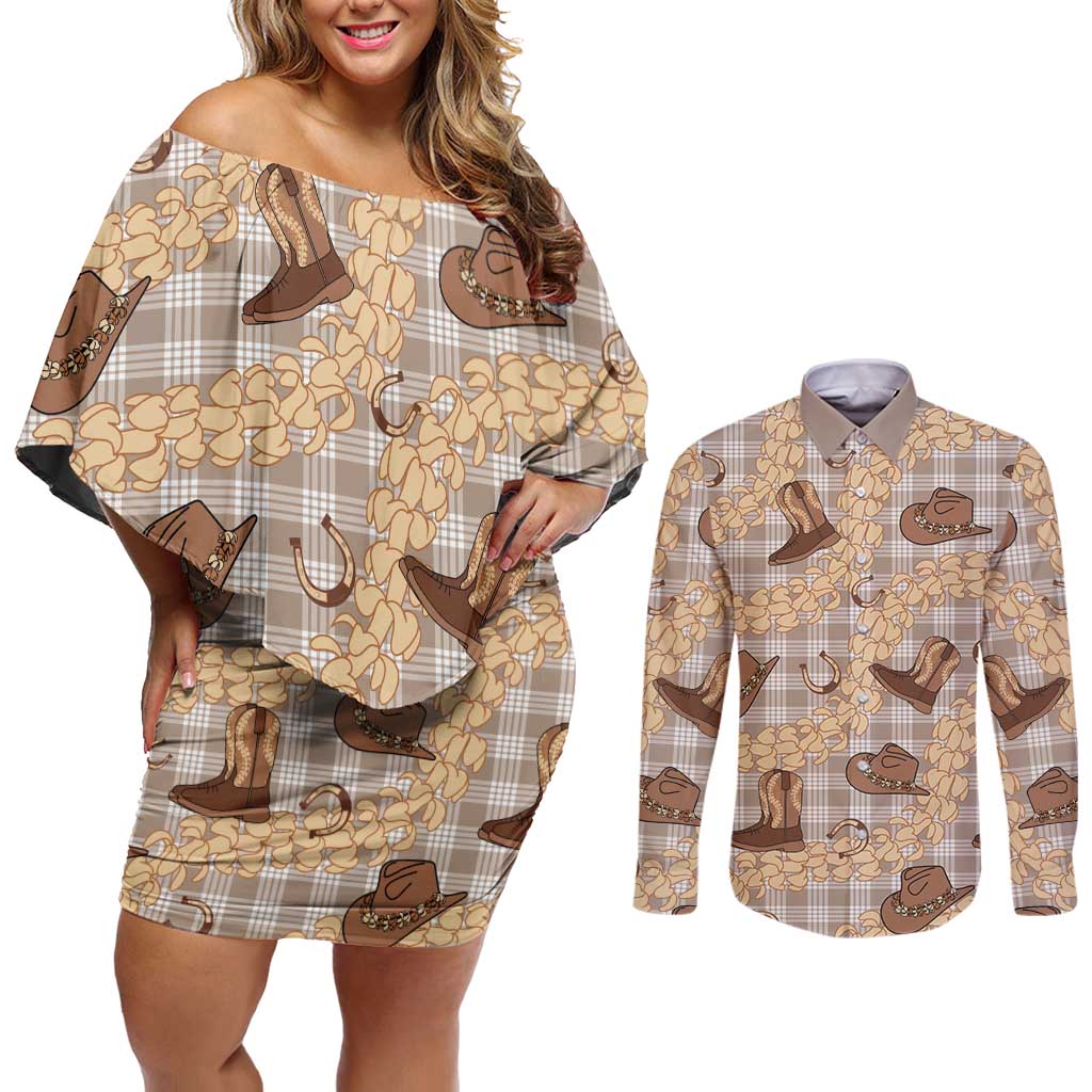 Khaki Palaka Hawaii Cowboy Couples Matching Off Shoulder Short Dress and Long Sleeve Button Shirt Puakenikeni Lei Paniolo Papale Seamless Vibes LT14 Khaki - Polynesian Pride