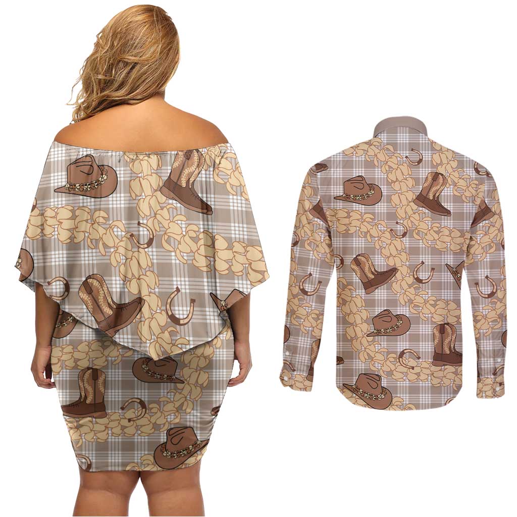 Khaki Palaka Hawaii Cowboy Couples Matching Off Shoulder Short Dress and Long Sleeve Button Shirt Puakenikeni Lei Paniolo Papale Seamless Vibes LT14 - Polynesian Pride