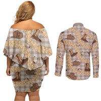 Khaki Palaka Hawaii Cowboy Couples Matching Off Shoulder Short Dress and Long Sleeve Button Shirt Puakenikeni Lei Paniolo Papale Seamless Vibes LT14 - Polynesian Pride