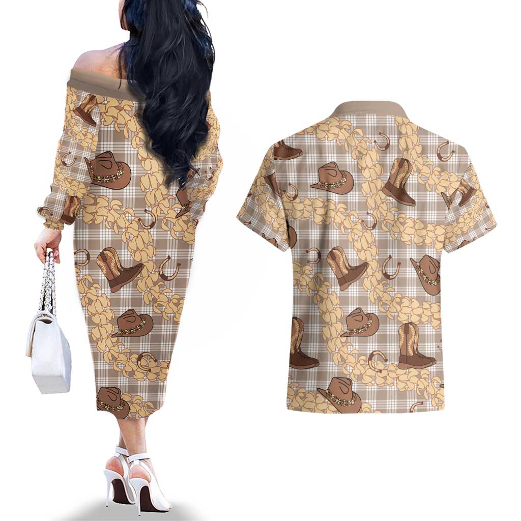 Khaki Palaka Hawaii Cowboy Couples Matching Off The Shoulder Long Sleeve Dress and Hawaiian Shirt Puakenikeni Lei Paniolo Papale Seamless Vibes LT14 - Polynesian Pride