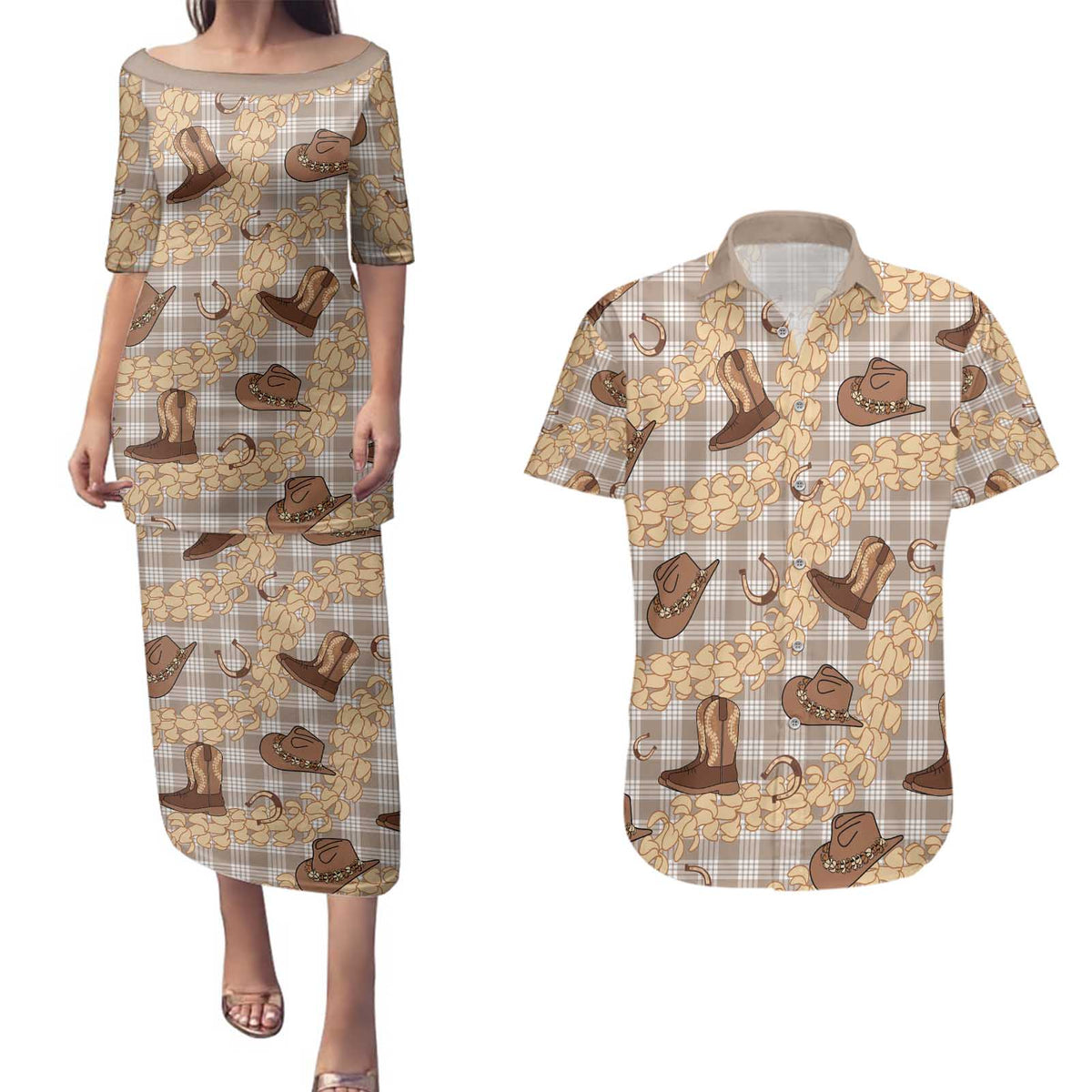 Khaki Palaka Hawaii Cowboy Couples Matching Puletasi and Hawaiian Shirt Puakenikeni Lei Paniolo Papale Seamless Vibes LT14 Khaki - Polynesian Pride