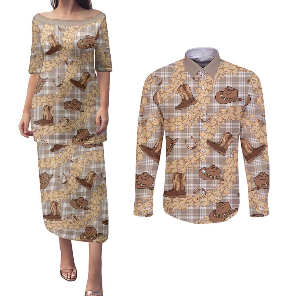 Khaki Palaka Hawaii Cowboy Couples Matching Puletasi and Long Sleeve Button Shirt Puakenikeni Lei Paniolo Papale Seamless Vibes - Polynesian Pride
