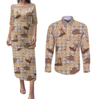 Khaki Palaka Hawaii Cowboy Couples Matching Puletasi and Long Sleeve Button Shirt Puakenikeni Lei Paniolo Papale Seamless Vibes LT14 Khaki - Polynesian Pride