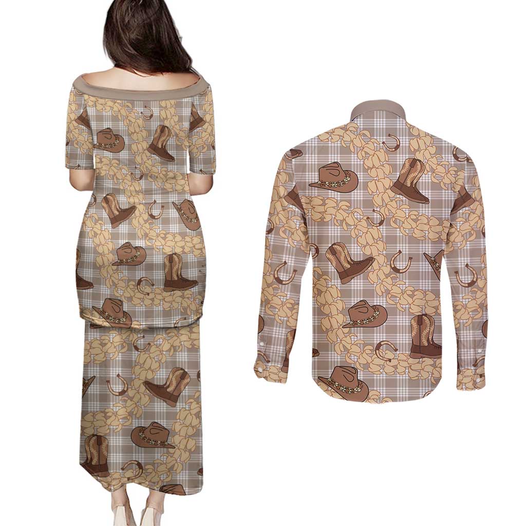 Khaki Palaka Hawaii Cowboy Couples Matching Puletasi and Long Sleeve Button Shirt Puakenikeni Lei Paniolo Papale Seamless Vibes LT14 - Polynesian Pride