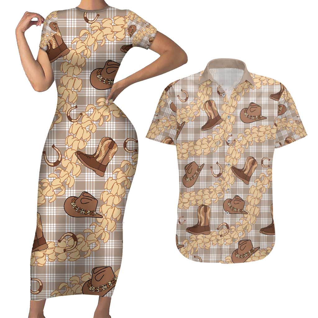 Khaki Palaka Hawaii Cowboy Couples Matching Short Sleeve Bodycon Dress and Hawaiian Shirt Puakenikeni Lei Paniolo Papale Seamless Vibes LT14 Khaki - Polynesian Pride