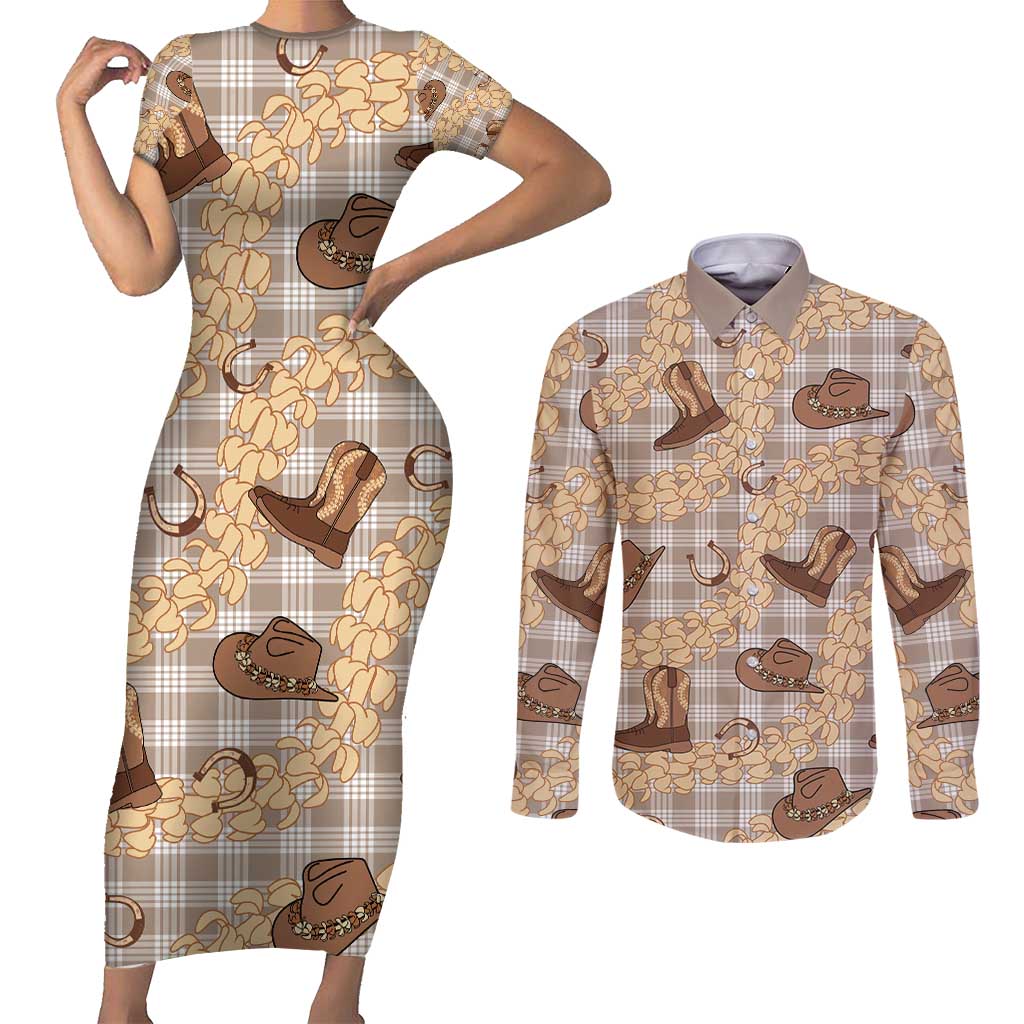 Khaki Palaka Hawaii Cowboy Couples Matching Short Sleeve Bodycon Dress and Long Sleeve Button Shirt Puakenikeni Lei Paniolo Papale Seamless Vibes LT14 Khaki - Polynesian Pride
