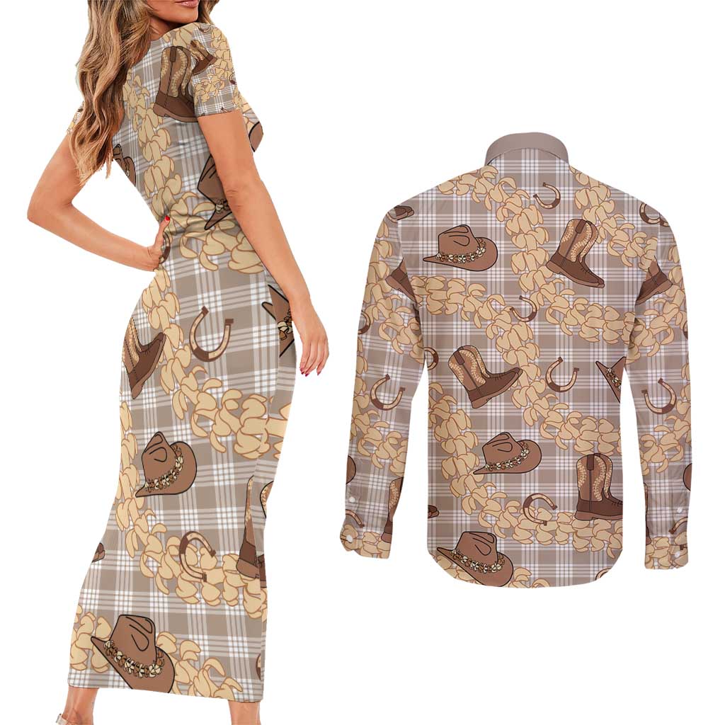 Khaki Palaka Hawaii Cowboy Couples Matching Short Sleeve Bodycon Dress and Long Sleeve Button Shirt Puakenikeni Lei Paniolo Papale Seamless Vibes LT14 - Polynesian Pride