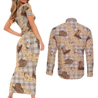 Khaki Palaka Hawaii Cowboy Couples Matching Short Sleeve Bodycon Dress and Long Sleeve Button Shirt Puakenikeni Lei Paniolo Papale Seamless Vibes LT14 - Polynesian Pride