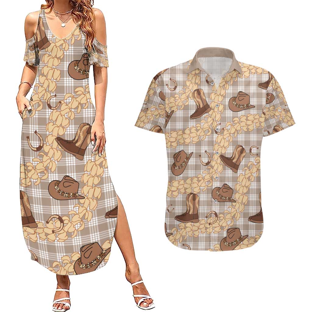 Khaki Palaka Hawaii Cowboy Couples Matching Summer Maxi Dress and Hawaiian Shirt Puakenikeni Lei Paniolo Papale Seamless Vibes LT14 Khaki - Polynesian Pride