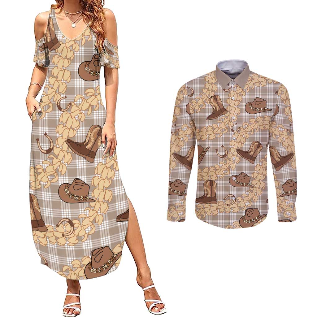 Khaki Palaka Hawaii Cowboy Couples Matching Summer Maxi Dress and Long Sleeve Button Shirt Puakenikeni Lei Paniolo Papale Seamless Vibes LT14 Khaki - Polynesian Pride