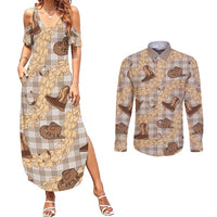 Khaki Palaka Hawaii Cowboy Couples Matching Summer Maxi Dress and Long Sleeve Button Shirt Puakenikeni Lei Paniolo Papale Seamless Vibes LT14 Khaki - Polynesian Pride