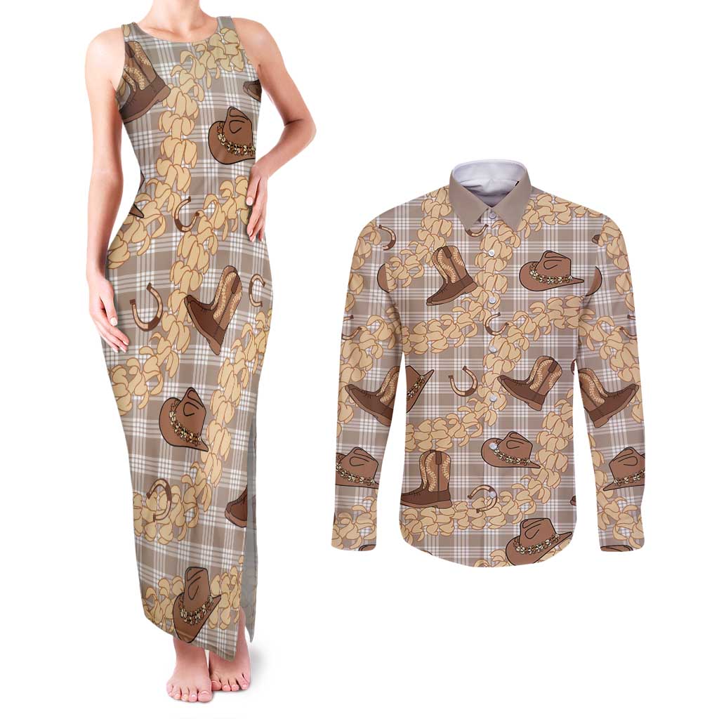 Khaki Palaka Hawaii Cowboy Couples Matching Tank Maxi Dress and Long Sleeve Button Shirt Puakenikeni Lei Paniolo Papale Seamless Vibes - Polynesian Pride