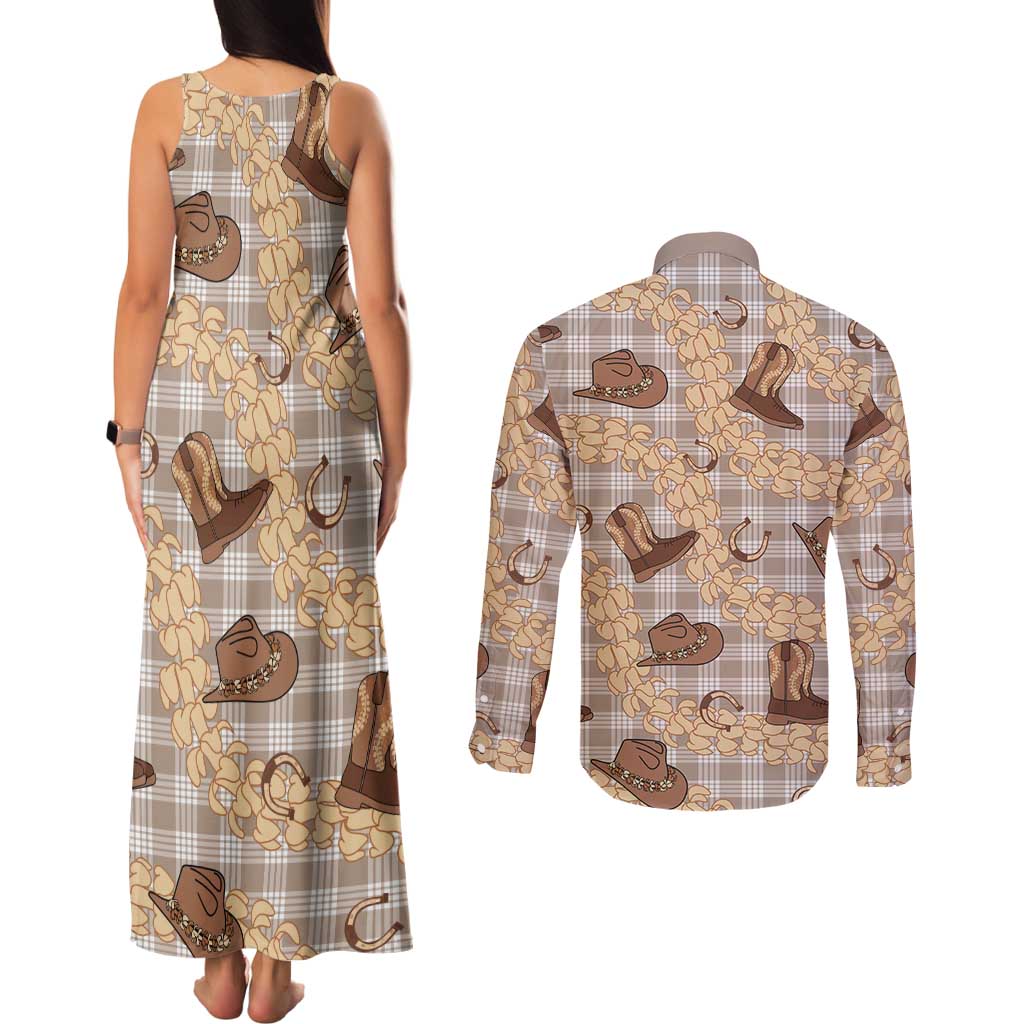 Khaki Palaka Hawaii Cowboy Couples Matching Tank Maxi Dress and Long Sleeve Button Shirt Puakenikeni Lei Paniolo Papale Seamless Vibes LT14 - Polynesian Pride