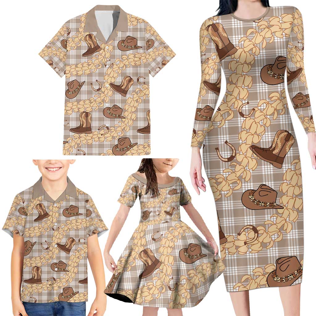 Khaki Palaka Hawaii Cowboy Family Matching Long Sleeve Bodycon Dress and Hawaiian Shirt Puakenikeni Lei Paniolo Papale Seamless Vibes LT14 - Polynesian Pride