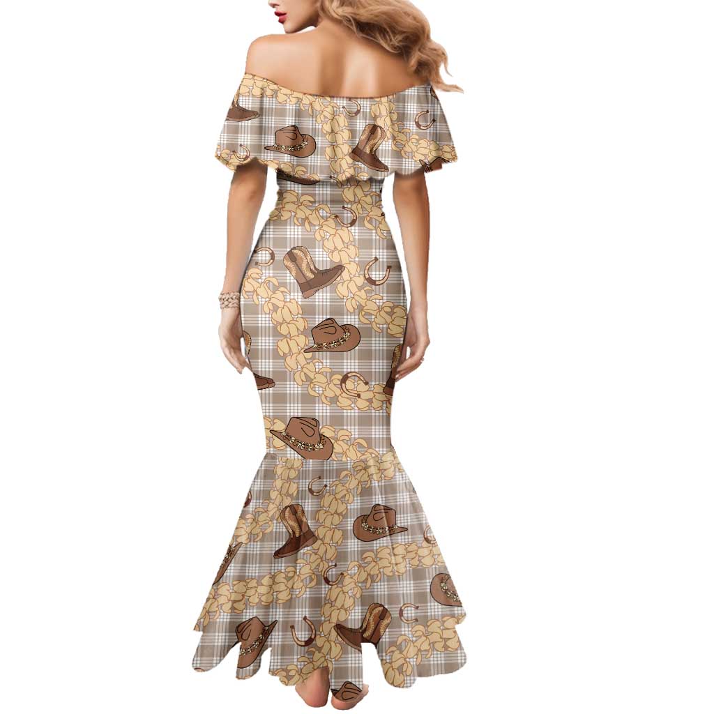 Khaki Palaka Hawaii Cowboy Family Matching Mermaid Dress and Hawaiian Shirt Puakenikeni Lei Paniolo Papale Seamless Vibes LT14 - Polynesian Pride