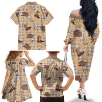 Khaki Palaka Hawaii Cowboy Family Matching Off The Shoulder Long Sleeve Dress and Hawaiian Shirt Puakenikeni Lei Paniolo Papale Seamless Vibes LT14 - Polynesian Pride