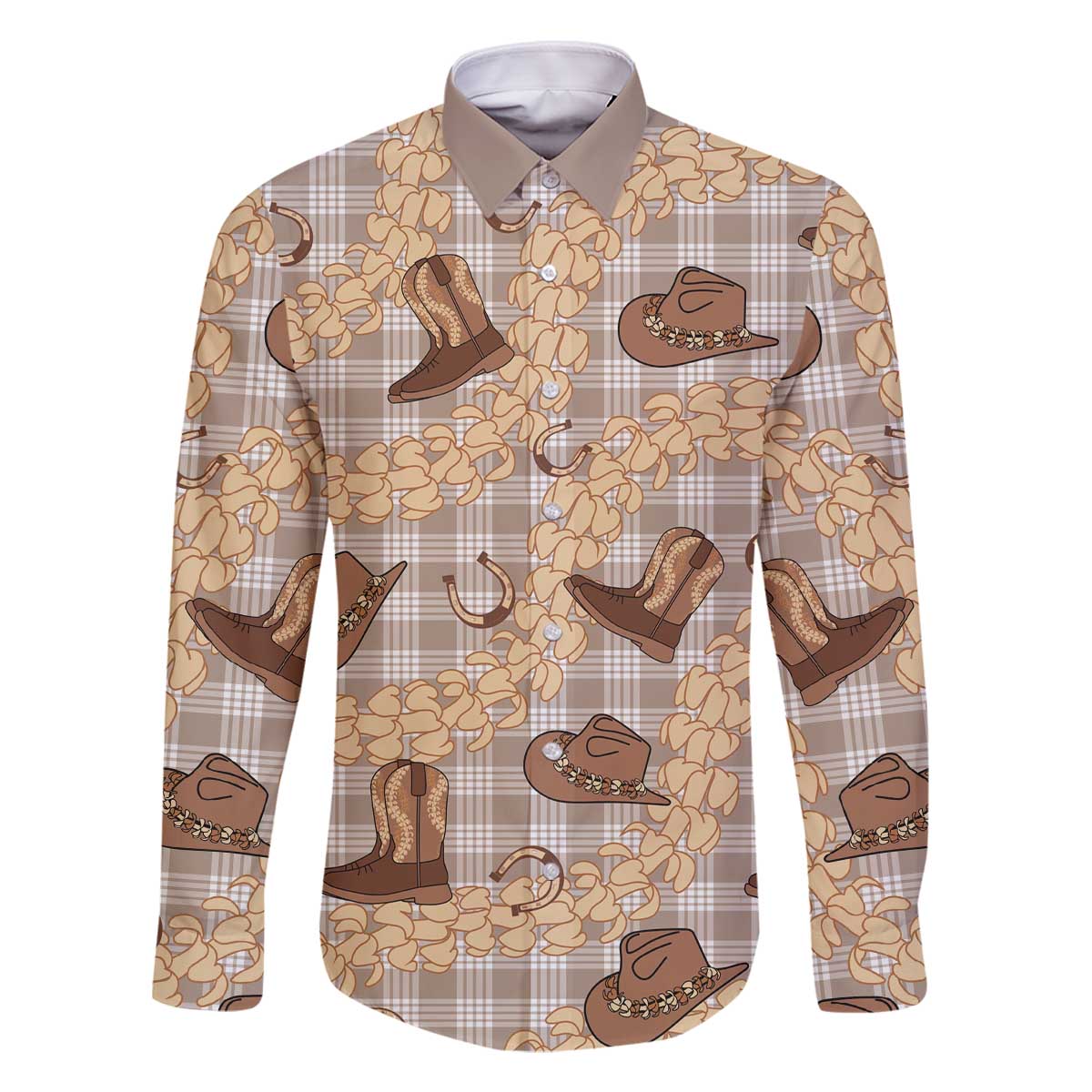 Khaki Palaka Hawaii Cowboy Family Matching Off The Shoulder Long Sleeve Dress and Hawaiian Shirt Puakenikeni Lei Paniolo Papale Seamless Vibes LT14 Dad's Shirt - Long Sleeve Khaki - Polynesian Pride