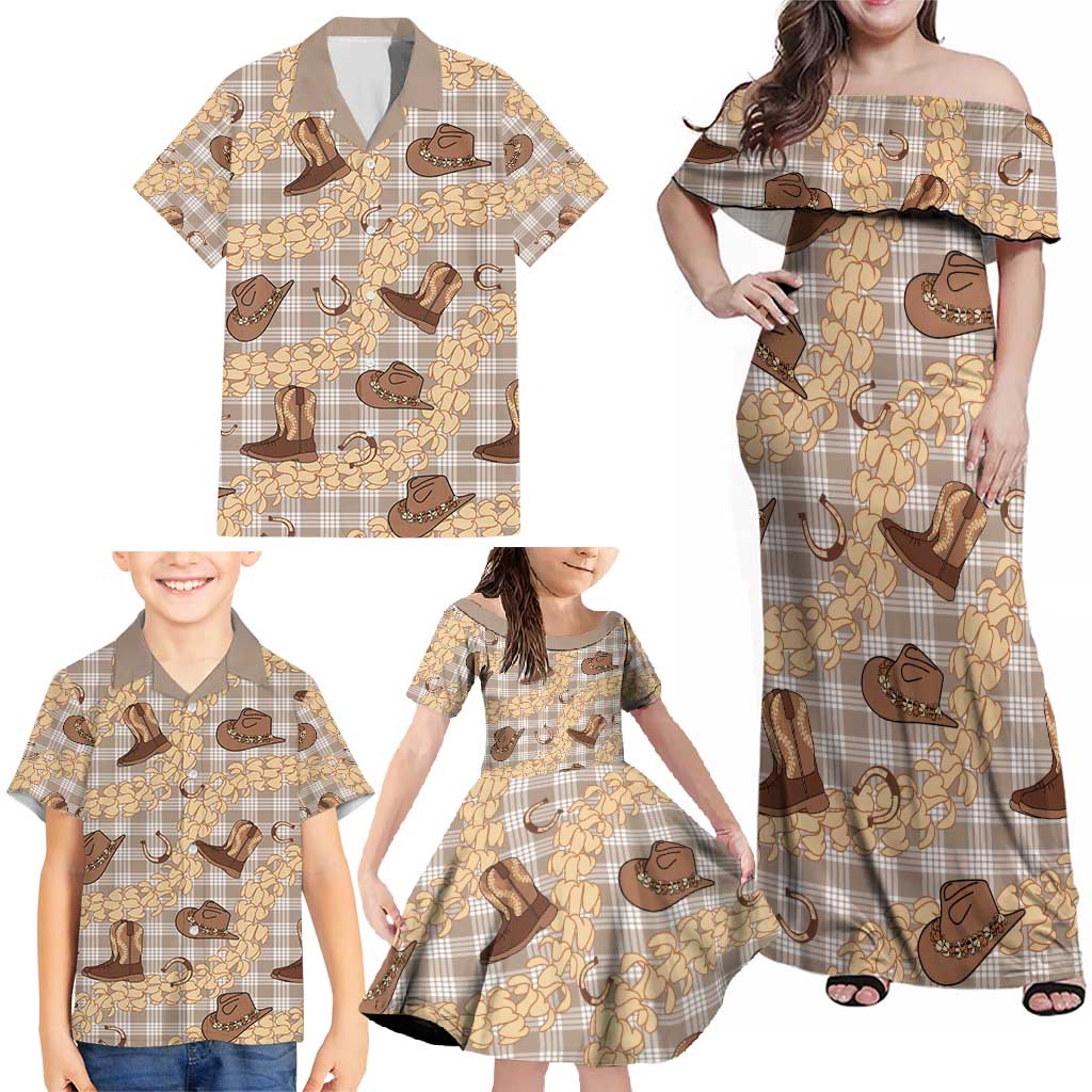 Khaki Palaka Hawaii Cowboy Family Matching Off Shoulder Maxi Dress and Hawaiian Shirt Puakenikeni Lei Paniolo Papale Seamless Vibes LT14 - Polynesian Pride