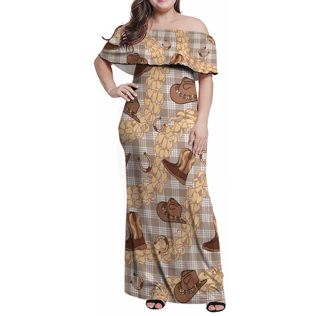 Khaki Palaka Hawaii Cowboy Family Matching Off Shoulder Maxi Dress and Hawaiian Shirt Puakenikeni Lei Paniolo Papale Seamless Vibes LT14 Mom's Dress Khaki - Polynesian Pride