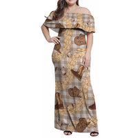 Khaki Palaka Hawaii Cowboy Family Matching Off Shoulder Maxi Dress and Hawaiian Shirt Puakenikeni Lei Paniolo Papale Seamless Vibes LT14 Mom's Dress Khaki - Polynesian Pride