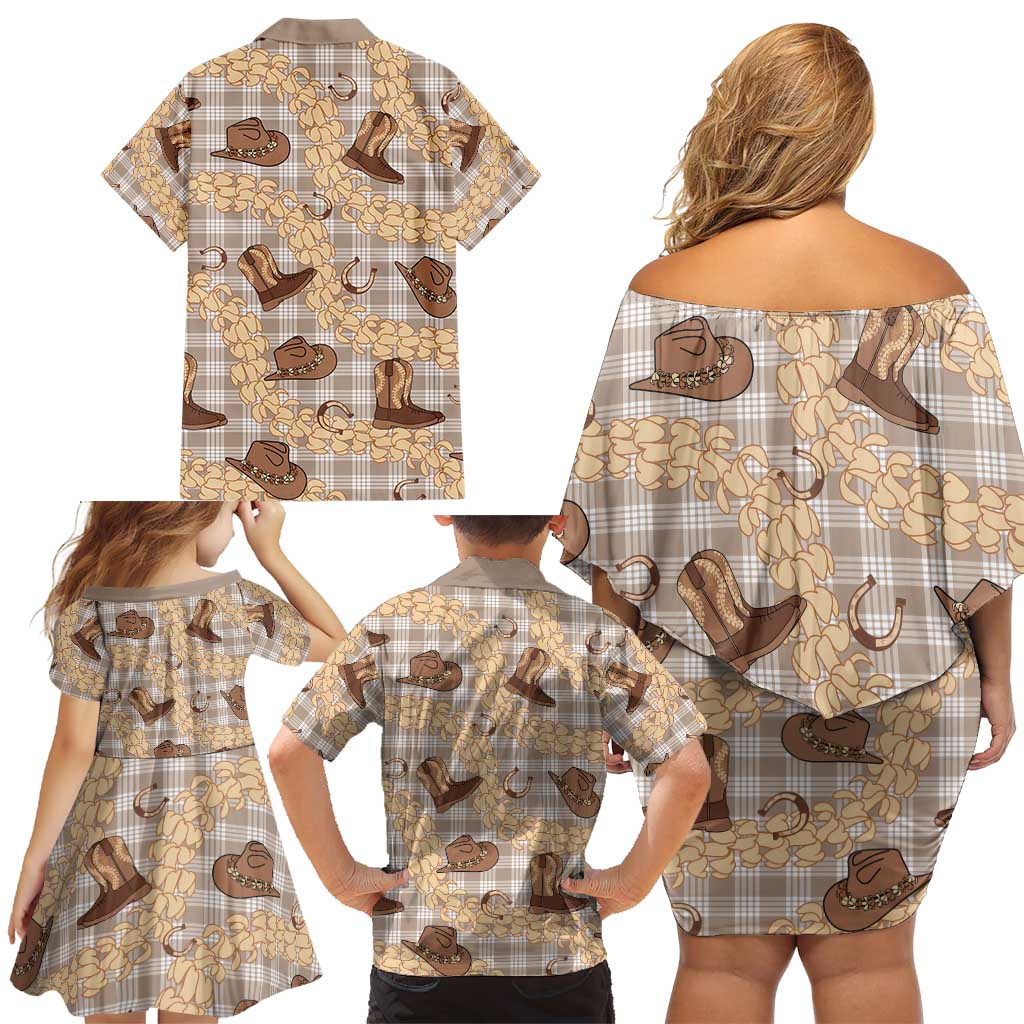 Khaki Palaka Hawaii Cowboy Family Matching Off Shoulder Short Dress and Hawaiian Shirt Puakenikeni Lei Paniolo Papale Seamless Vibes LT14 - Polynesian Pride