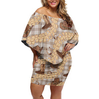 Khaki Palaka Hawaii Cowboy Family Matching Off Shoulder Short Dress and Hawaiian Shirt Puakenikeni Lei Paniolo Papale Seamless Vibes LT14 Mom's Dress Khaki - Polynesian Pride