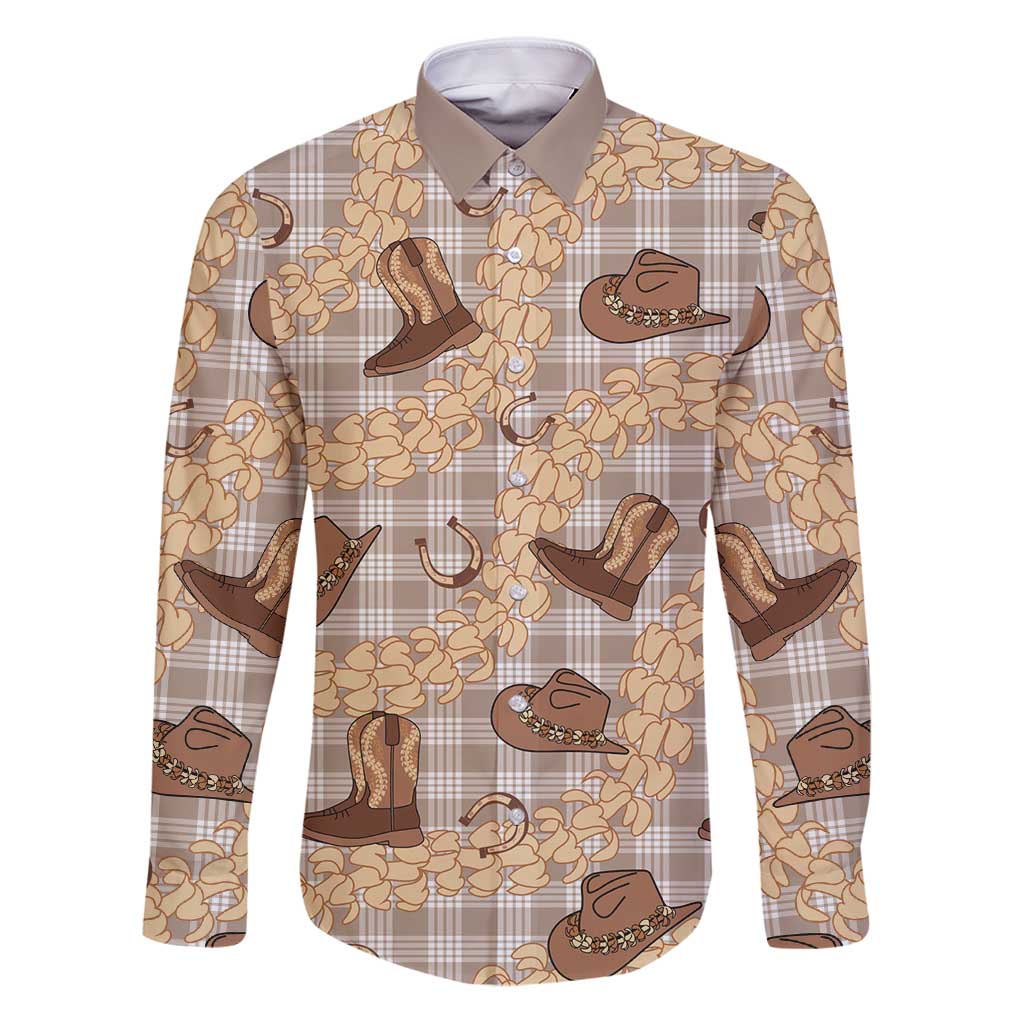 Khaki Palaka Hawaii Cowboy Family Matching Puletasi and Hawaiian Shirt Puakenikeni Lei Paniolo Papale Seamless Vibes LT14 Dad's Shirt - Long Sleeve Khaki - Polynesian Pride