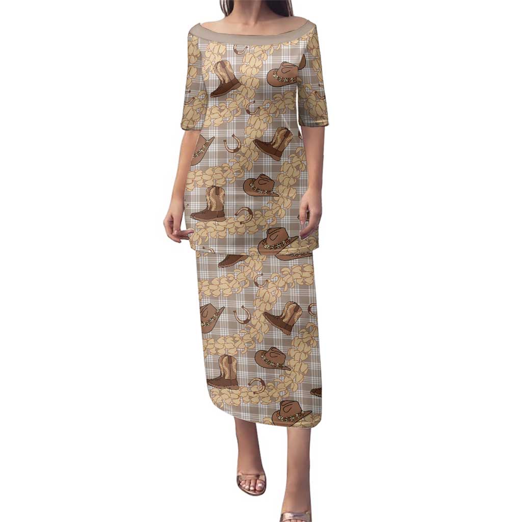 Khaki Palaka Hawaii Cowboy Family Matching Puletasi and Hawaiian Shirt Puakenikeni Lei Paniolo Papale Seamless Vibes LT14 Mom's Dress Khaki - Polynesian Pride
